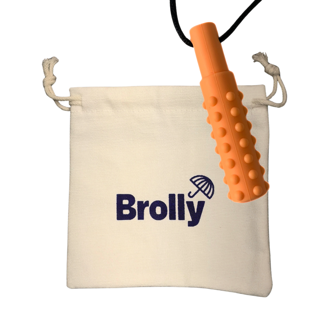 Beige drawstring pouch and Mace-shaped Brolly Sheet Chew Necklace on a black cord against a white background - Orange