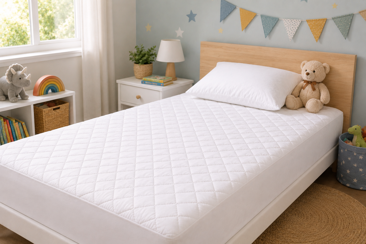 Full bed on children's bedroom with essential mattress protector white waterproof protector for kids bedwetting
