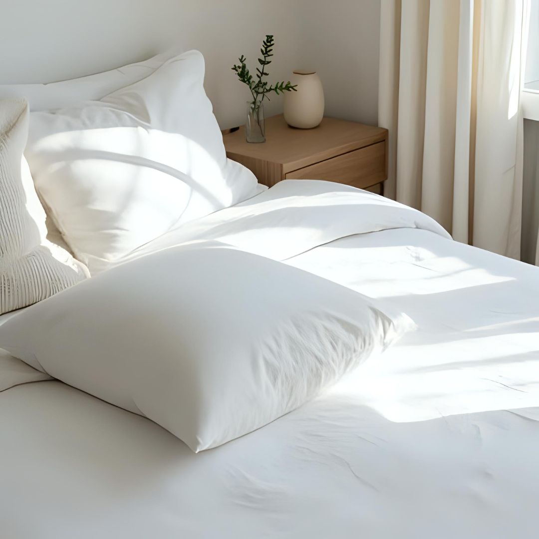 Neatly made bed with white bedding and pillows in a bright bedroom.White