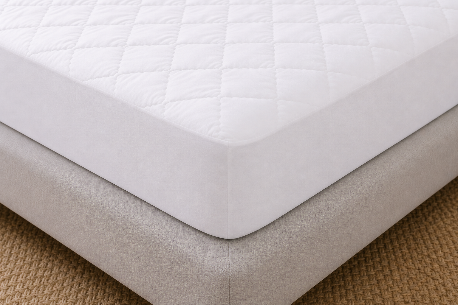 close-up corner fitted on essential mattress protector white fitted corner with deep stretch skirt